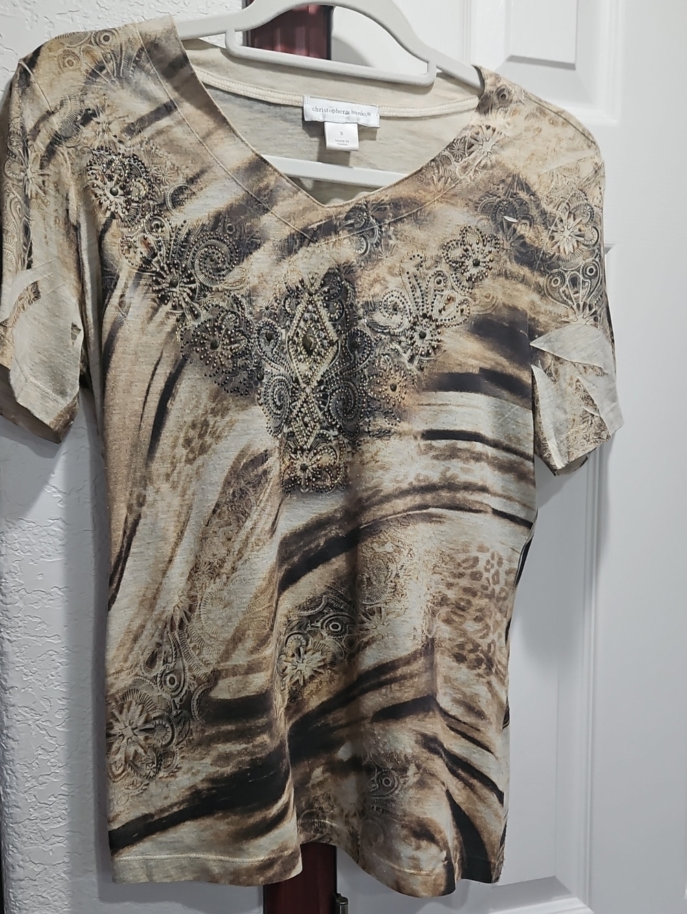Christopher & Banks Taupe and Brown V-Neck Short Sleeve Top